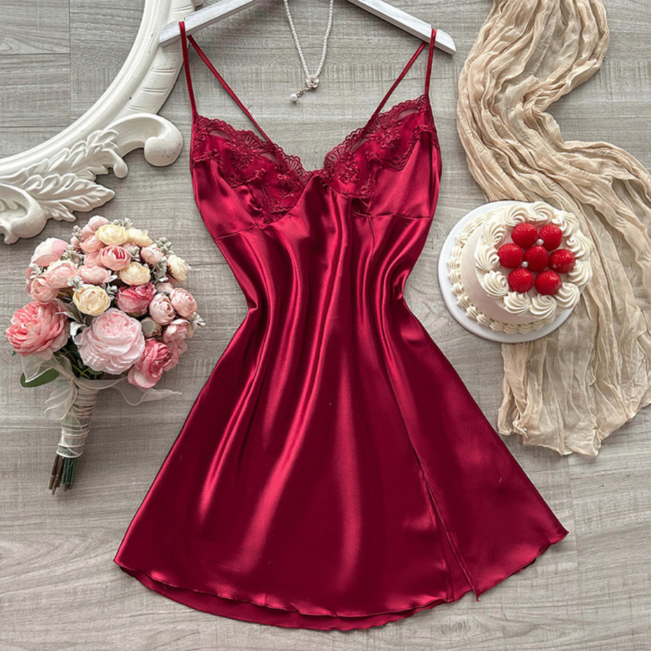 Pleasing Strings Women Silk Satin Lace Trim Neck Babydoll Gown