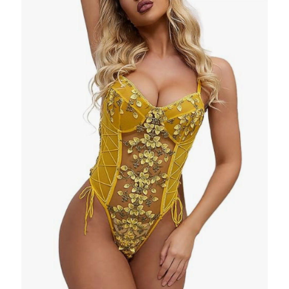 Women Sexy One Piece Floral PatchWork Lingerie Set