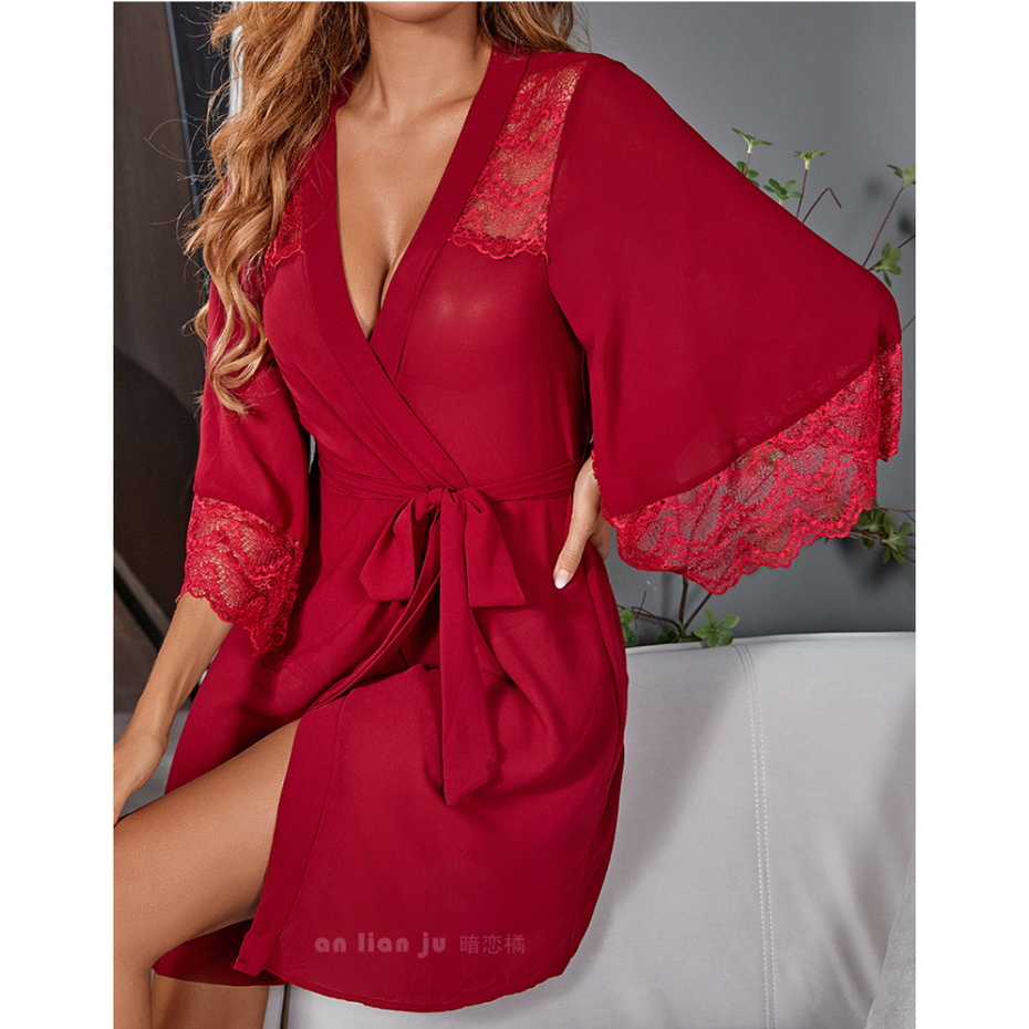 Lace Sheer 3/4 Sleeve Belted Robe