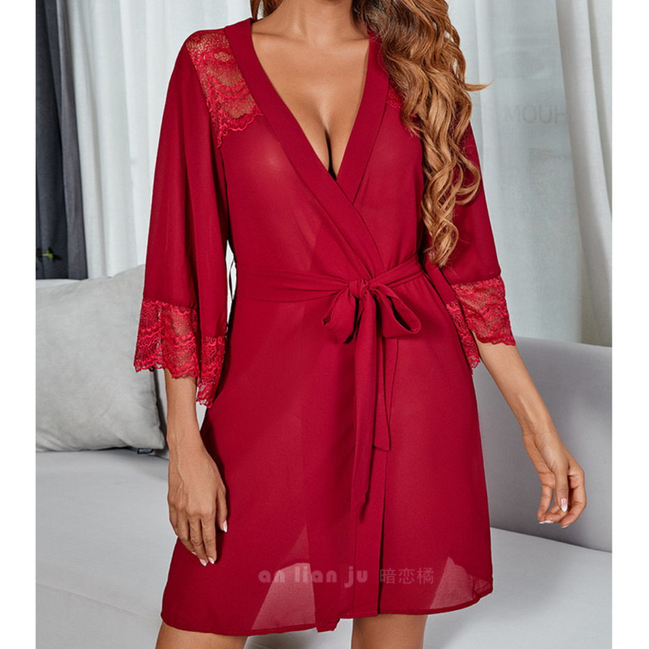 Lace Sheer 3/4 Sleeve Belted Robe
