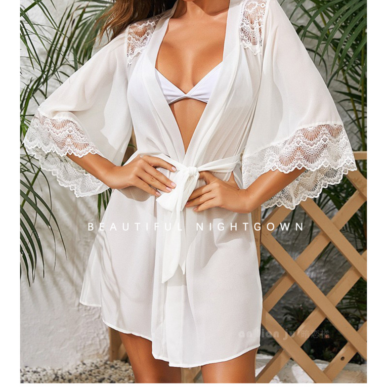 Lace Sheer 3/4 Sleeve Belted Robe