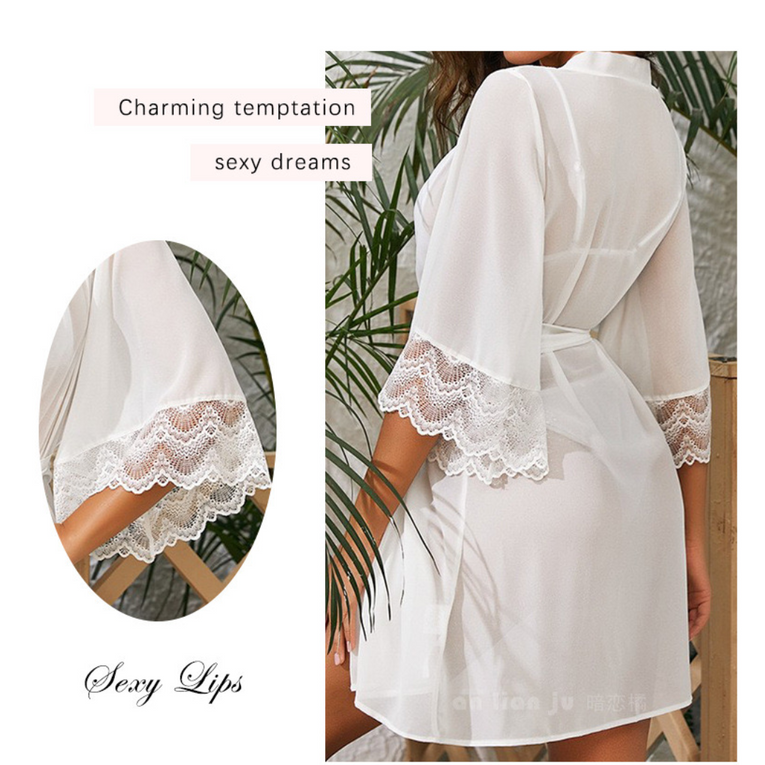 Lace Sheer 3/4 Sleeve Belted Robe