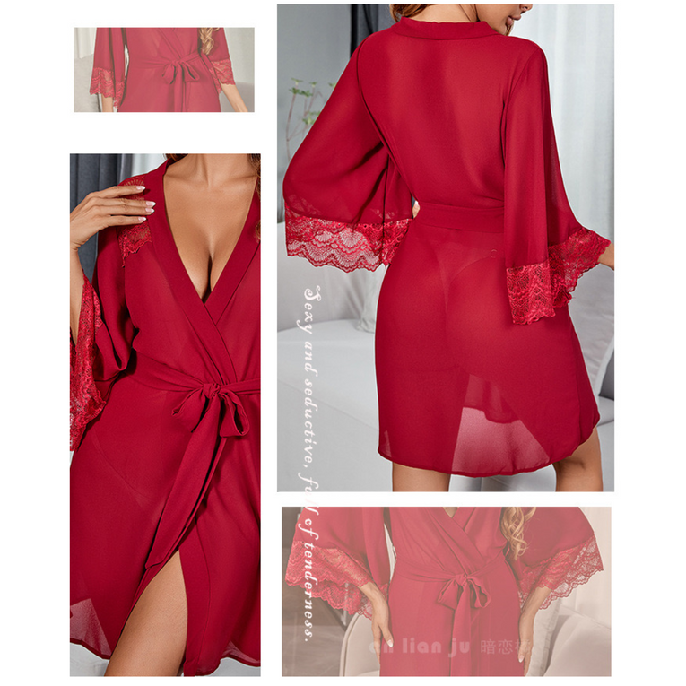 Lace Sheer 3/4 Sleeve Belted Robe