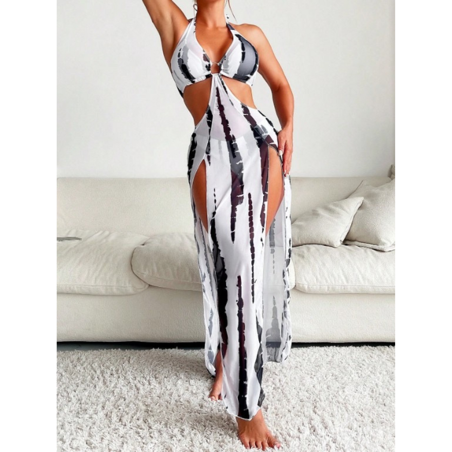 Tie Dye with Halter Neck & High Thigh Slit Cutout 3pc Swimsuit for Women