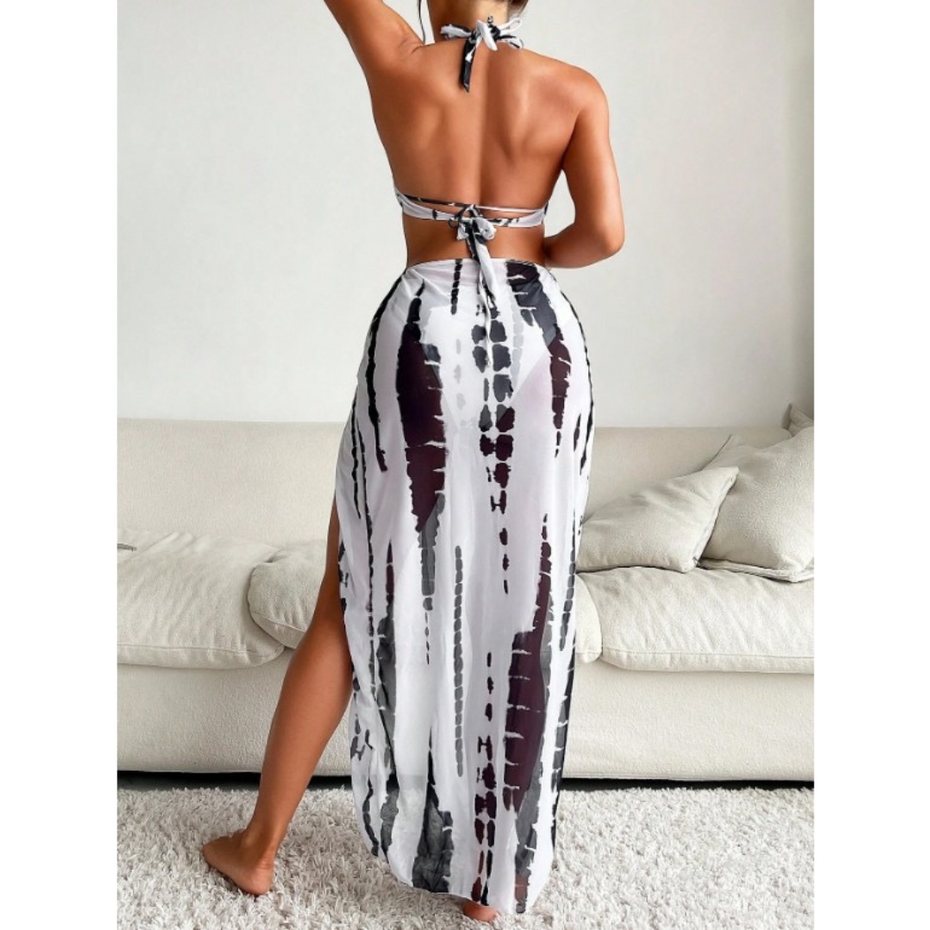 Tie Dye with Halter Neck & High Thigh Slit Cutout 3pc Swimsuit for Women