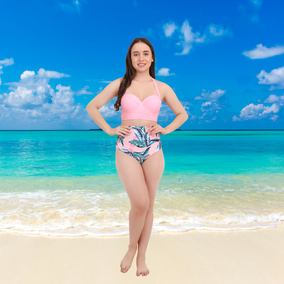 Women Two Piece Vintage Swimsuit Halter Neck with Ruched High Waist Bottom