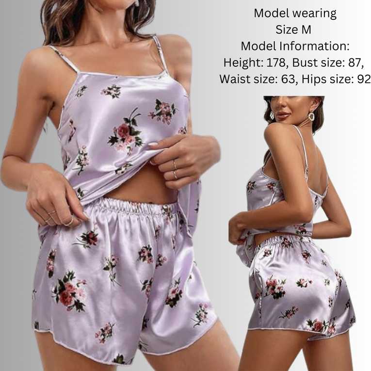 Women's Floral Print Satin Cami Top with Shorts Pj Set