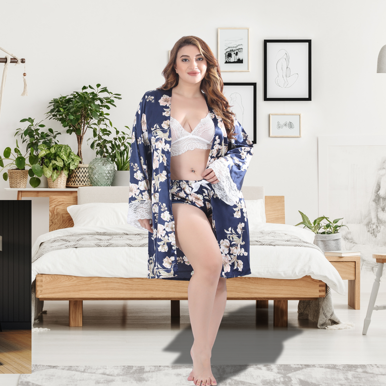 Blue Floral Printed Robe with White Lacy Bra & Ruffle Shorts Set