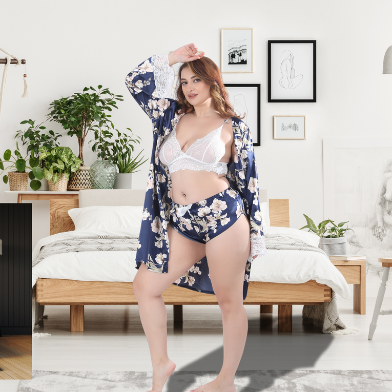 Blue Floral Printed Robe with White Lacy Bra & Ruffle Shorts Set