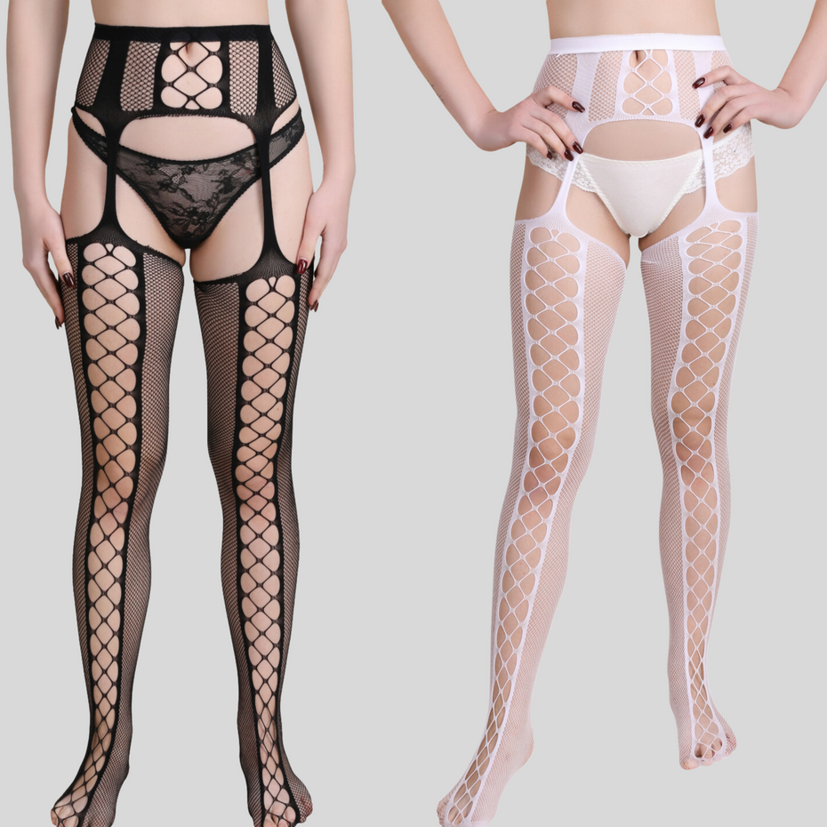 Womens Fishnet Criss-Cross Lace Stockings Tights Suspender Pantyhose Hosiery Set of 2