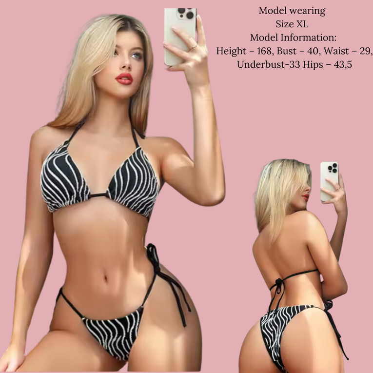 Women 2pc Zebra Striped Halter Triangle Side Tie Bikini Swimsuit