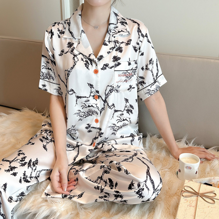 Pleasing Strings Women's 3pcs Silk Satin Branch Print PJ Set