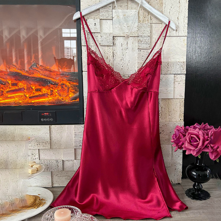 Pleasing Strings Women Silk Satin Lace Trim Neck Babydoll Gown