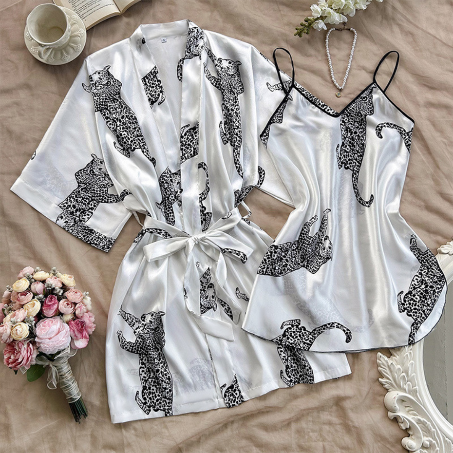 Pleasing Strings Women Silk Satin Leopard Print Short Gown Robe Set