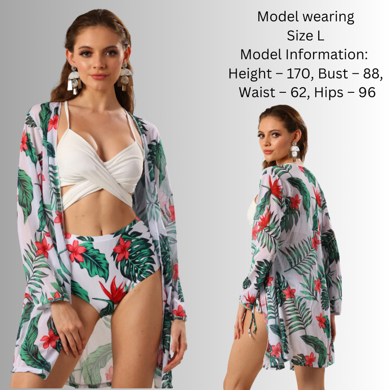 3 Pcs/Set Women Bikini Cover Up Set Floral Print High Waist Beachwear