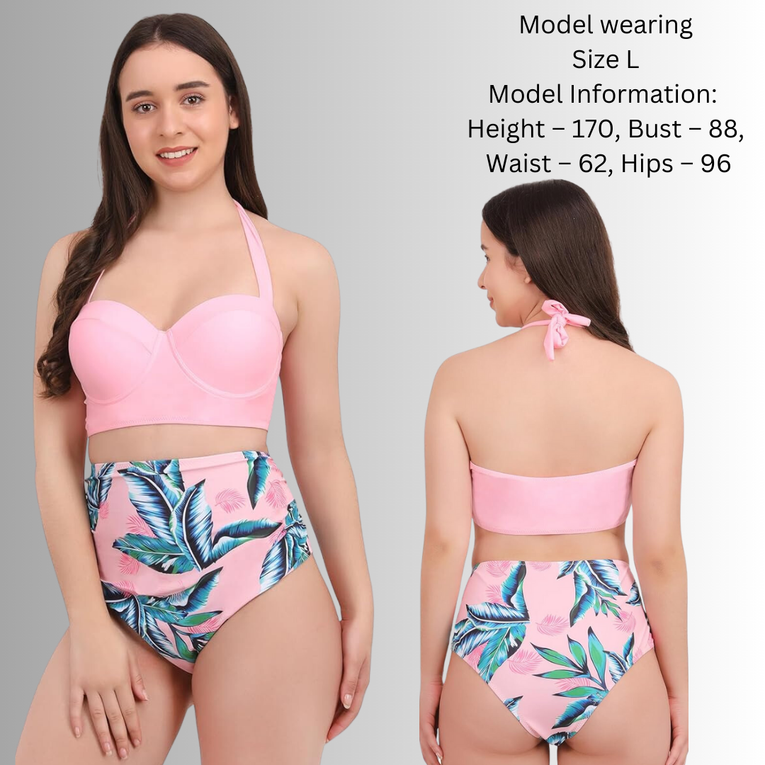 Women Two Piece Vintage Swimsuit Halter Neck with Ruched High Waist Bottom