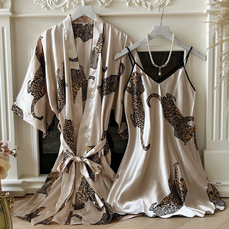 Pleasing Strings Women Silk Satin Leopard Print Short Gown Robe Set