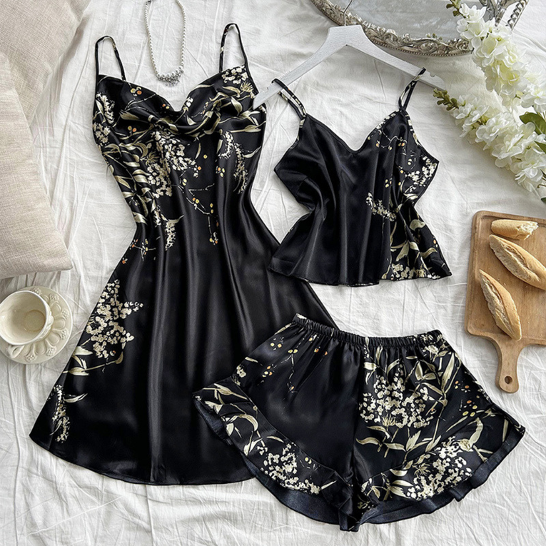 Pleasing Strings Women Satin Floral Printed 3pcs Cami Top Shorts & Gown Set