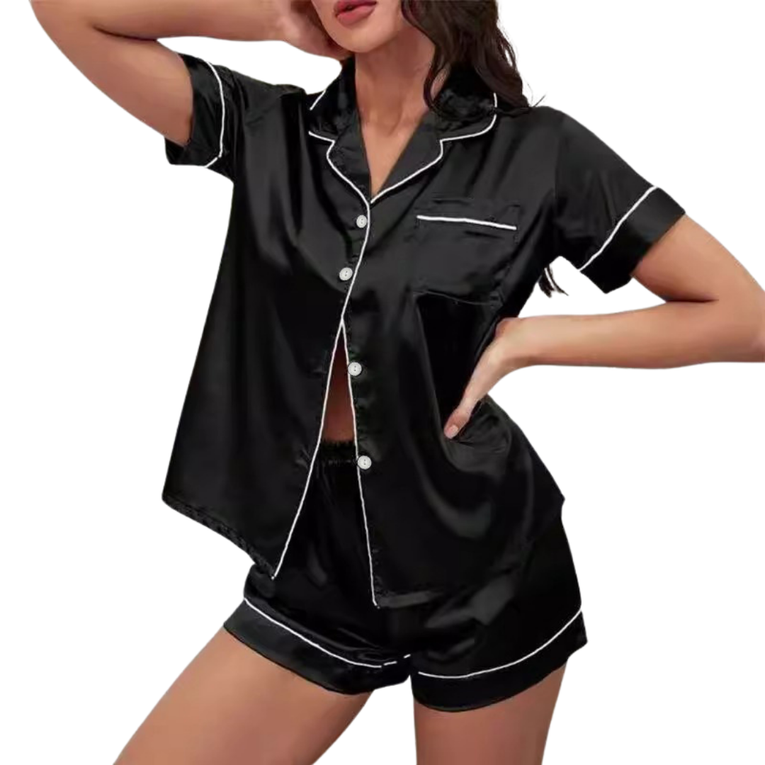 Pleasing Strings Women's 2pcs Silk Satin Button Down Short PJ Set