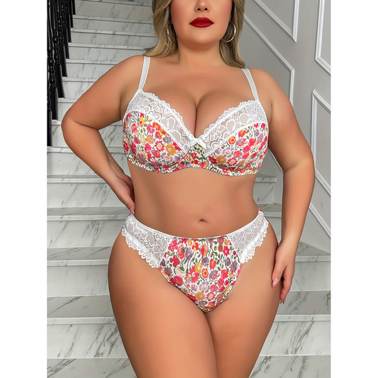 Pleasing Strings Women Floral Print Lace Trim Non-Padded Plus Size Bra Set