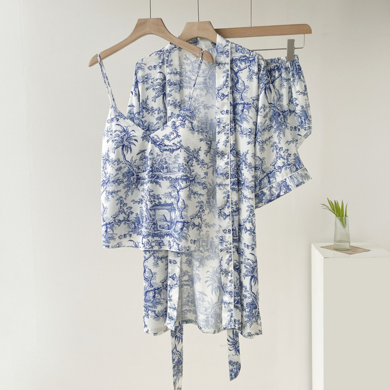 Pleasing Strings Women's 3pc Blue Toile Print Satin Pj Robe Set