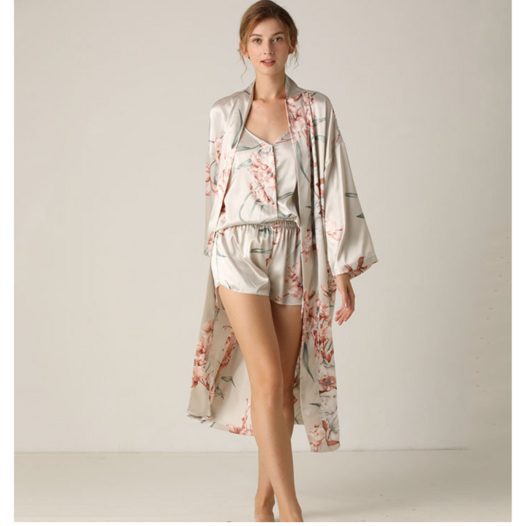 Pleasing Strings Women's 3pcs Silk Satin Floral Print Button Down Cami Top & Shorts with Robe Set