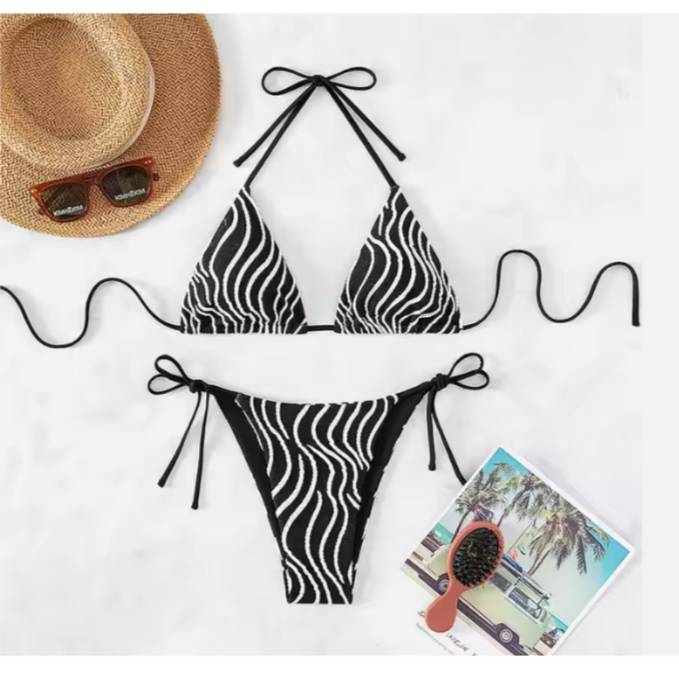 Women 2pc Zebra Striped Halter Triangle Side Tie Bikini Swimsuit