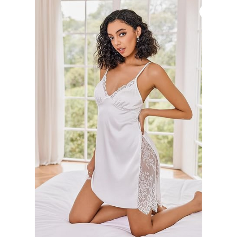 Women Satin Nightgown Side Lace Cami Night Dress