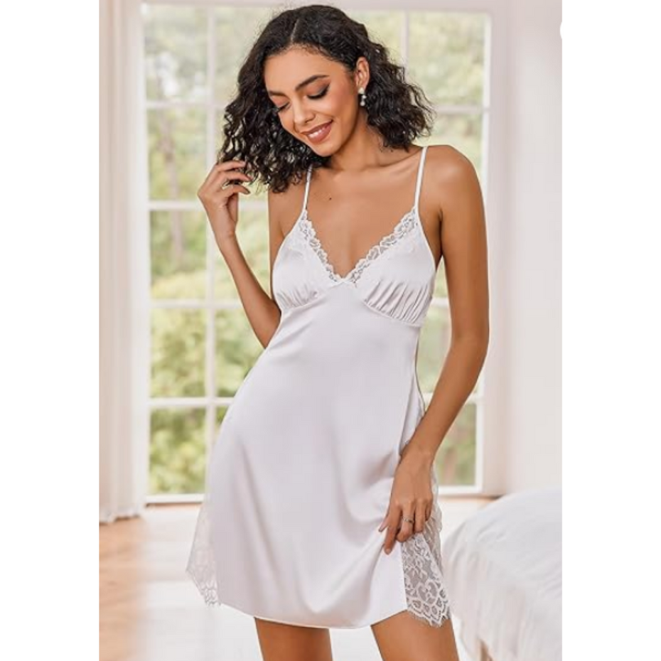 Women Satin Nightgown Side Lace Cami Night Dress