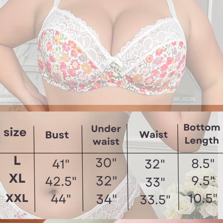 Pleasing Strings Women Floral Print Lace Trim Non-Padded Plus Size Bra Set