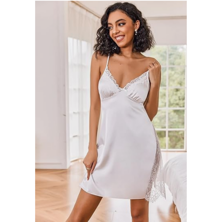 Women Satin Nightgown Side Lace Cami Night Dress