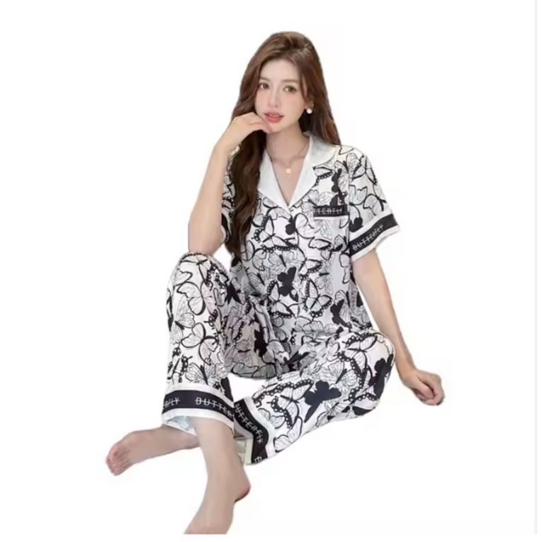 Pleasing Strings Women's Silk Satin Half Sleeve Button Down Pyjamas Set Loungewear