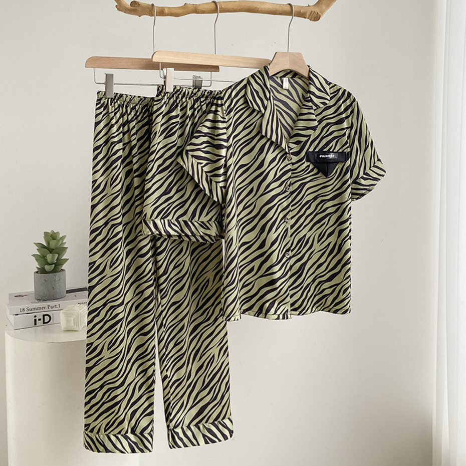 Pleasing Strings Women's 3pcs Green Silk Satin Tiger Print PJ Set