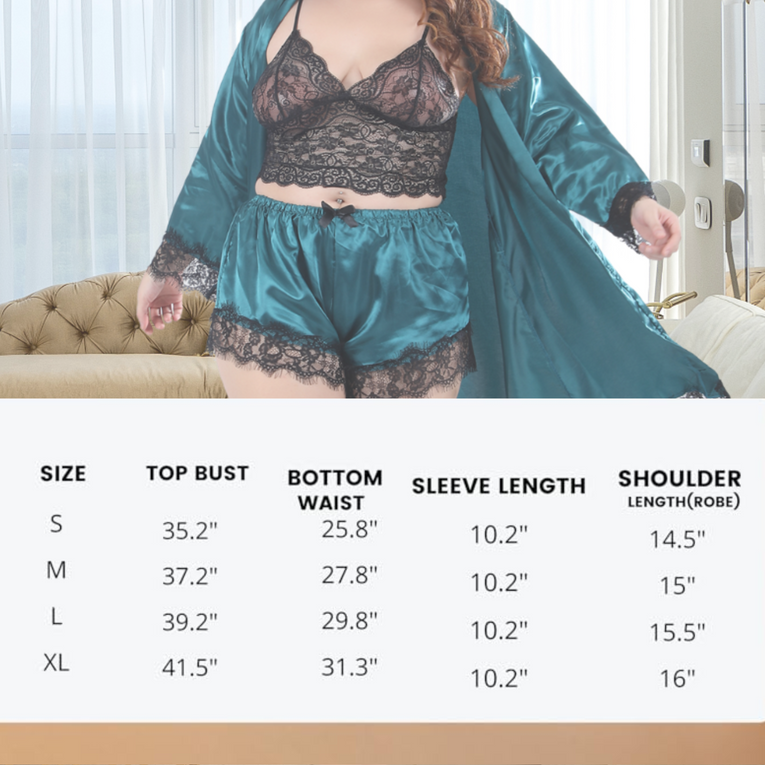 Women's Satin Short Pj Sexy Lingerie 4Pcs Robe Set Sleepwear Lace Cami Shorts Loungewear