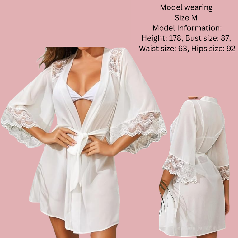 Lace Sheer 3/4 Sleeve Belted Robe