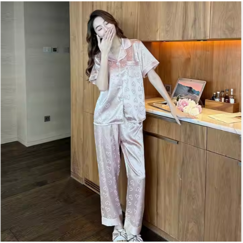 Pleasing Strings Women's 2pcs Silk Satin Heart Textured Button Down Shirt Long PJ Set