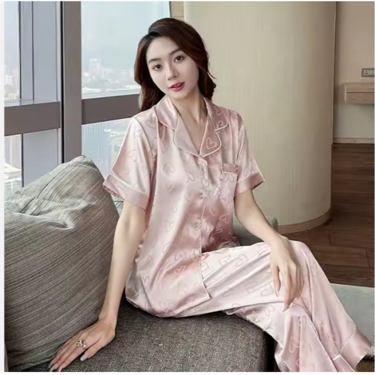 Pleasing Strings Women's 2pcs Silk Satin Heart Textured Button Down Shirt Long PJ Set