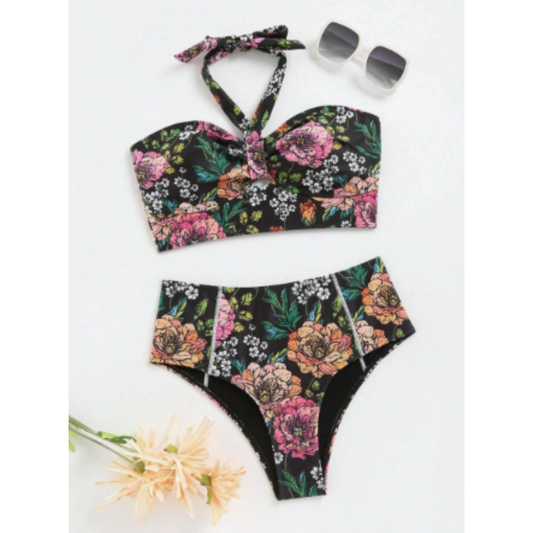 Pleasing Strings Women Floral Print Halter Neck High Waisted Bikini Set