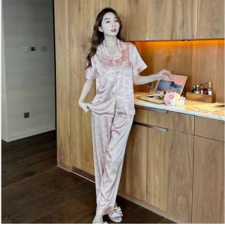 Pleasing Strings Women's 2pcs Silk Satin Heart Textured Button Down Shirt Long PJ Set