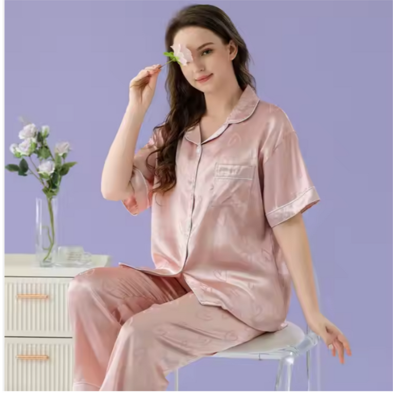 Pleasing Strings Women's 2pcs Silk Satin Heart Textured Button Down Shirt Long PJ Set