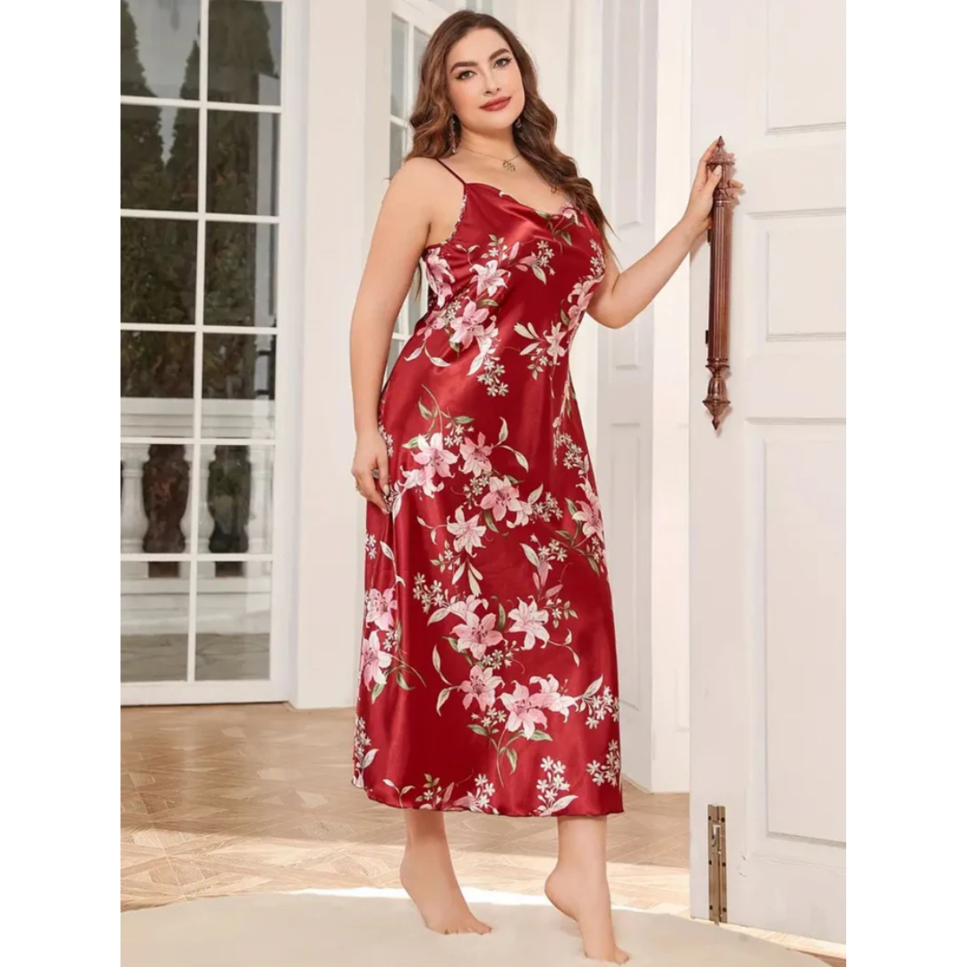 Pleasing Strings Women Silk Satin Floral Print Cowl Neck Plus Size Nightgown