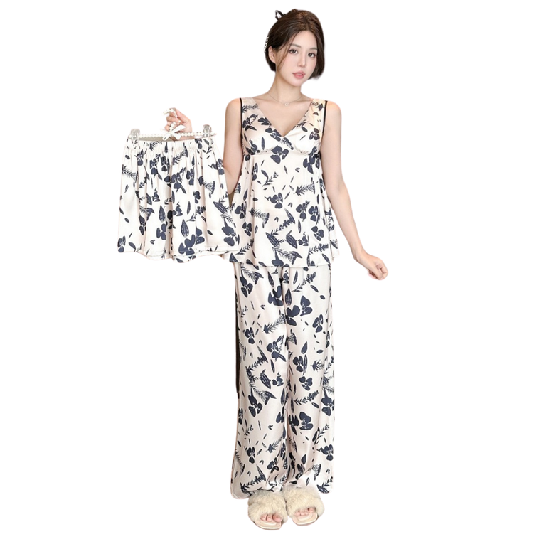 Pleasing Strings Women 3pc Beige Floral V Neck Silk Satin Pj Set