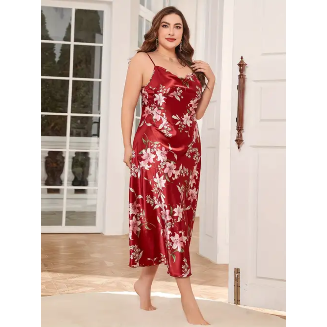 Pleasing Strings Women Silk Satin Floral Print Cowl Neck Plus Size Nightgown