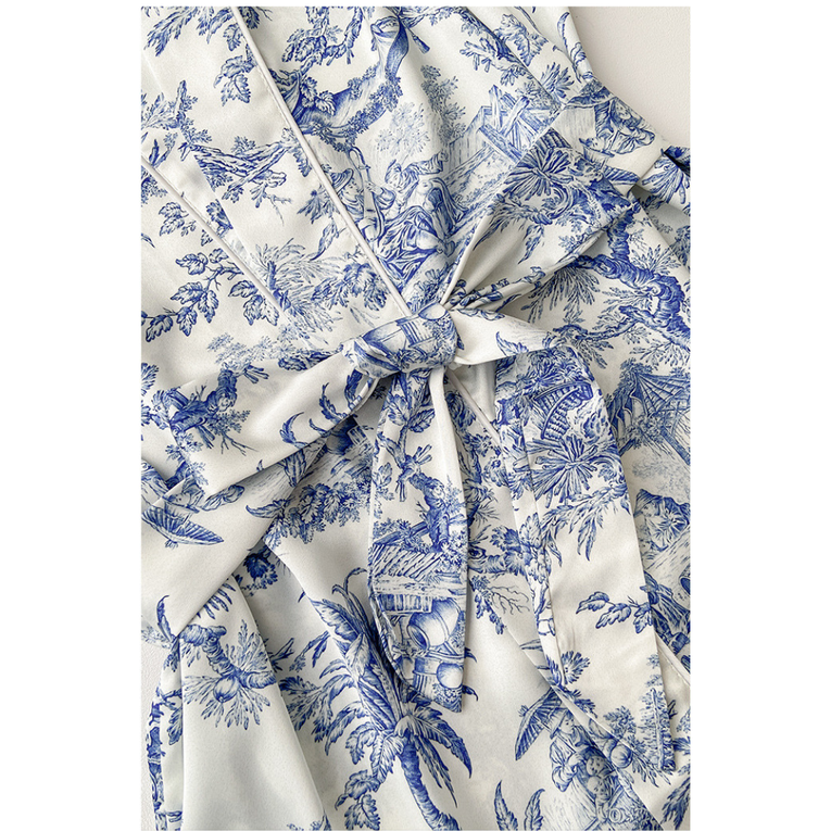 Pleasing Strings Women's 3pc Blue Toile Print Satin Pj Robe Set