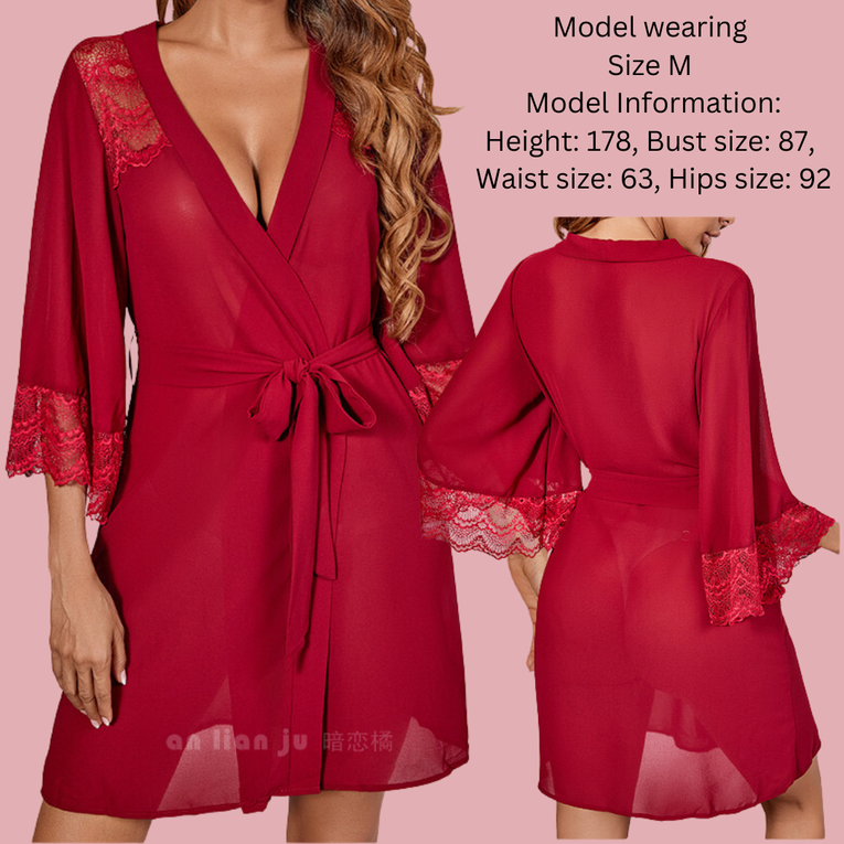 Lace Sheer 3/4 Sleeve Belted Robe