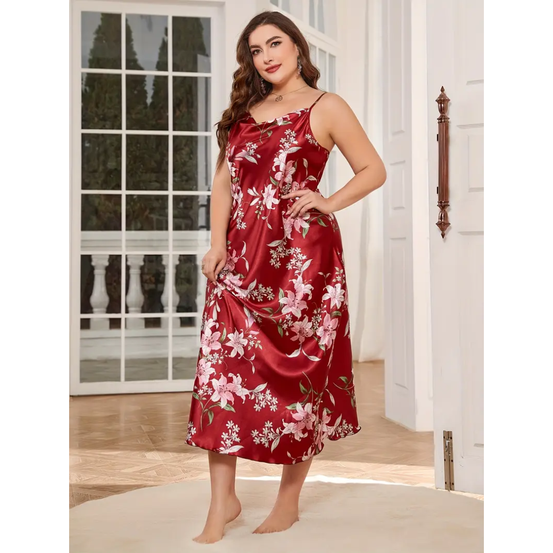 Pleasing Strings Women Silk Satin Floral Print Cowl Neck Plus Size Nightgown