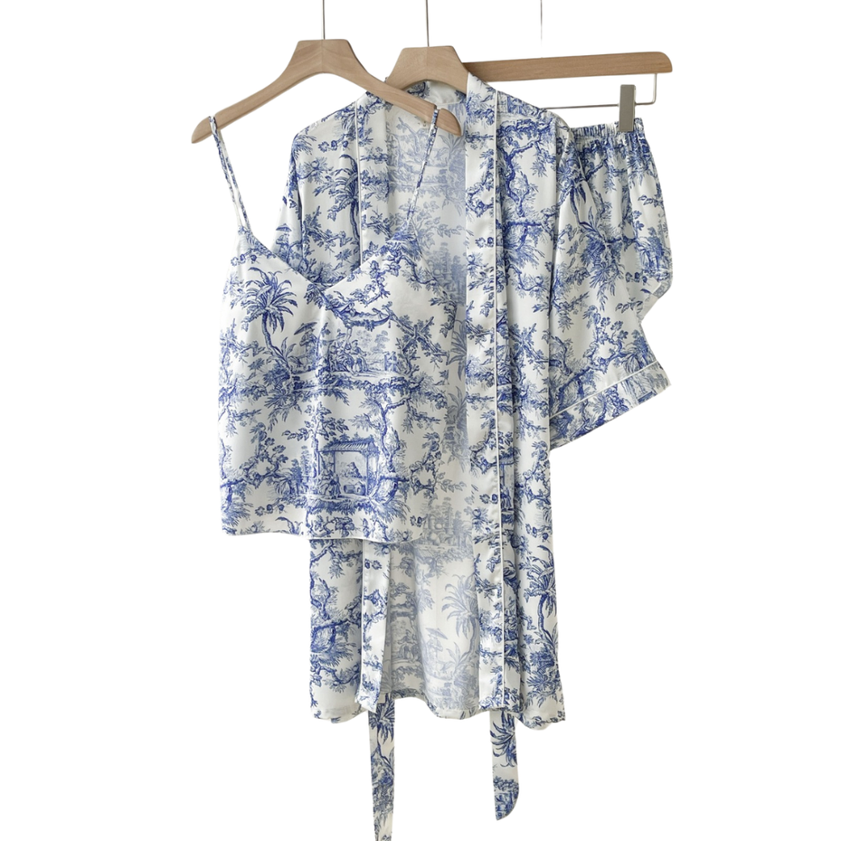 Pleasing Strings Women's 3pc Blue Toile Print Satin Pj Robe Set