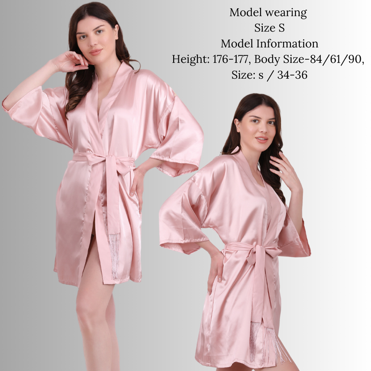 Women Satin Short Robe with Full Sleeves & Tassel Tie