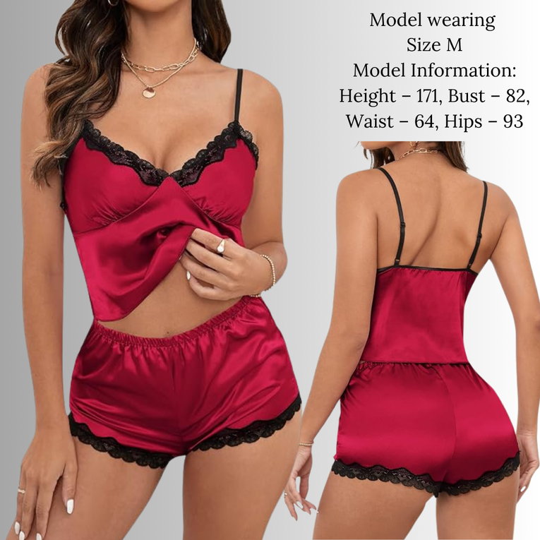 Womens Sexy V Neck Lingerie Pjs Lace Trim Cami Top and Shorts Nightwear