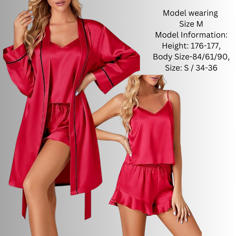 3pcs Satin Cami Top and Shorts with Robe Sleepwear for Women